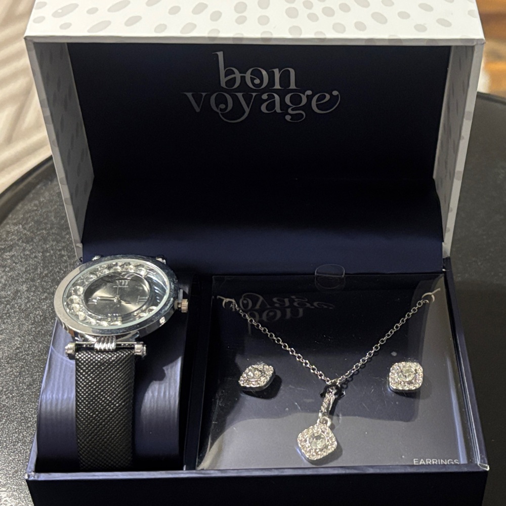 Black Silver Watch Rhinestone Watch Bon Voyage Watch & Necklace Set